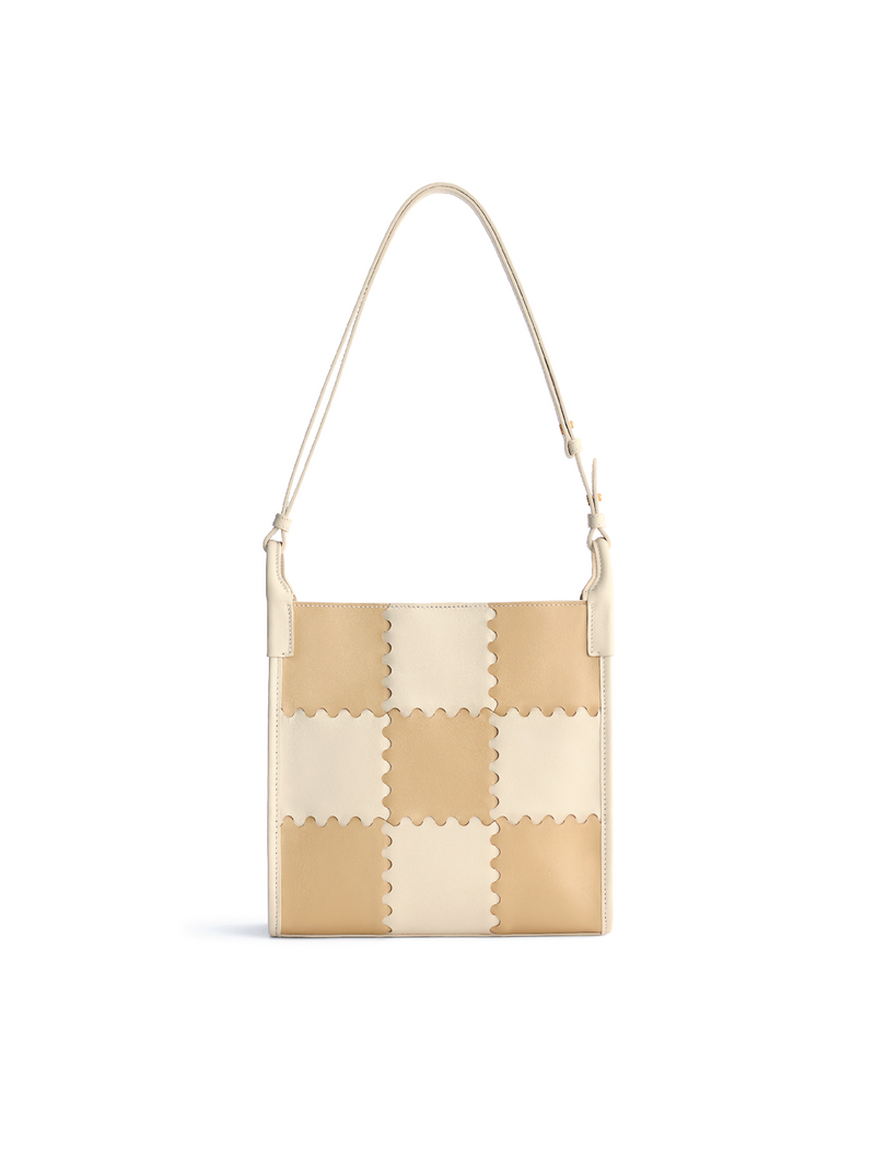 Square Stitch Tote Bag (Medium) - White/Light Brown