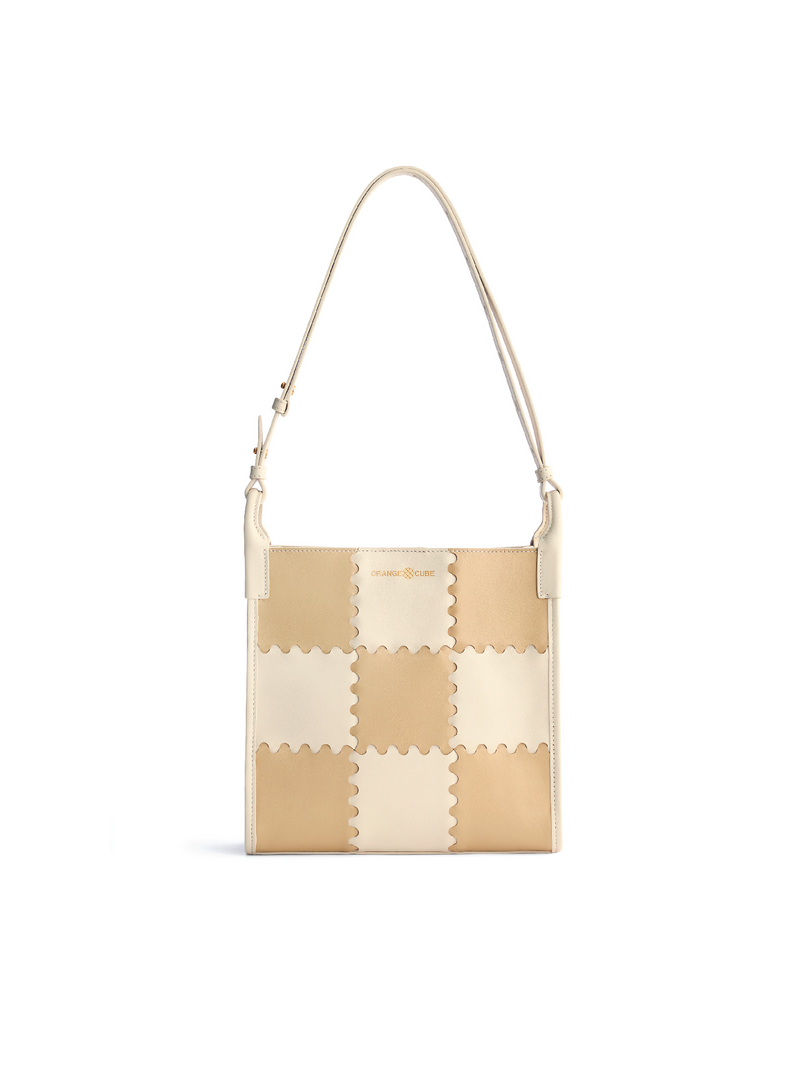 Square Stitch Tote Bag (Medium) - White/Light Brown