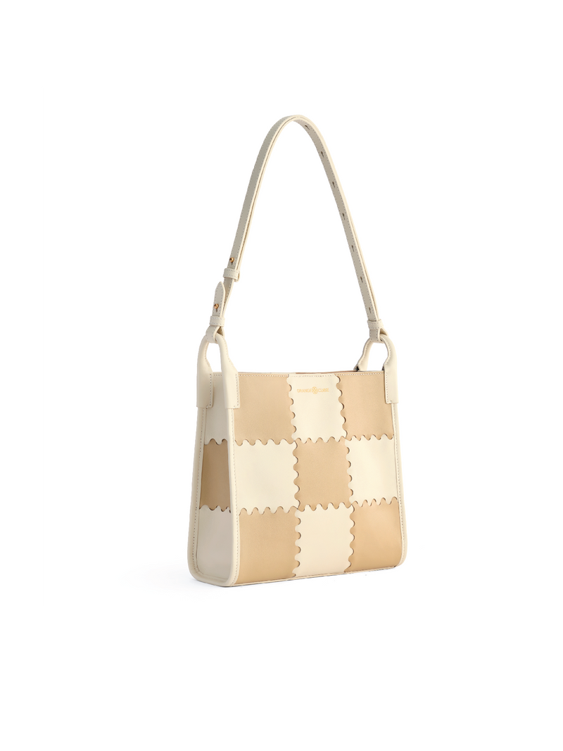 Square Stitch Tote Bag (Medium) - White/Light Brown