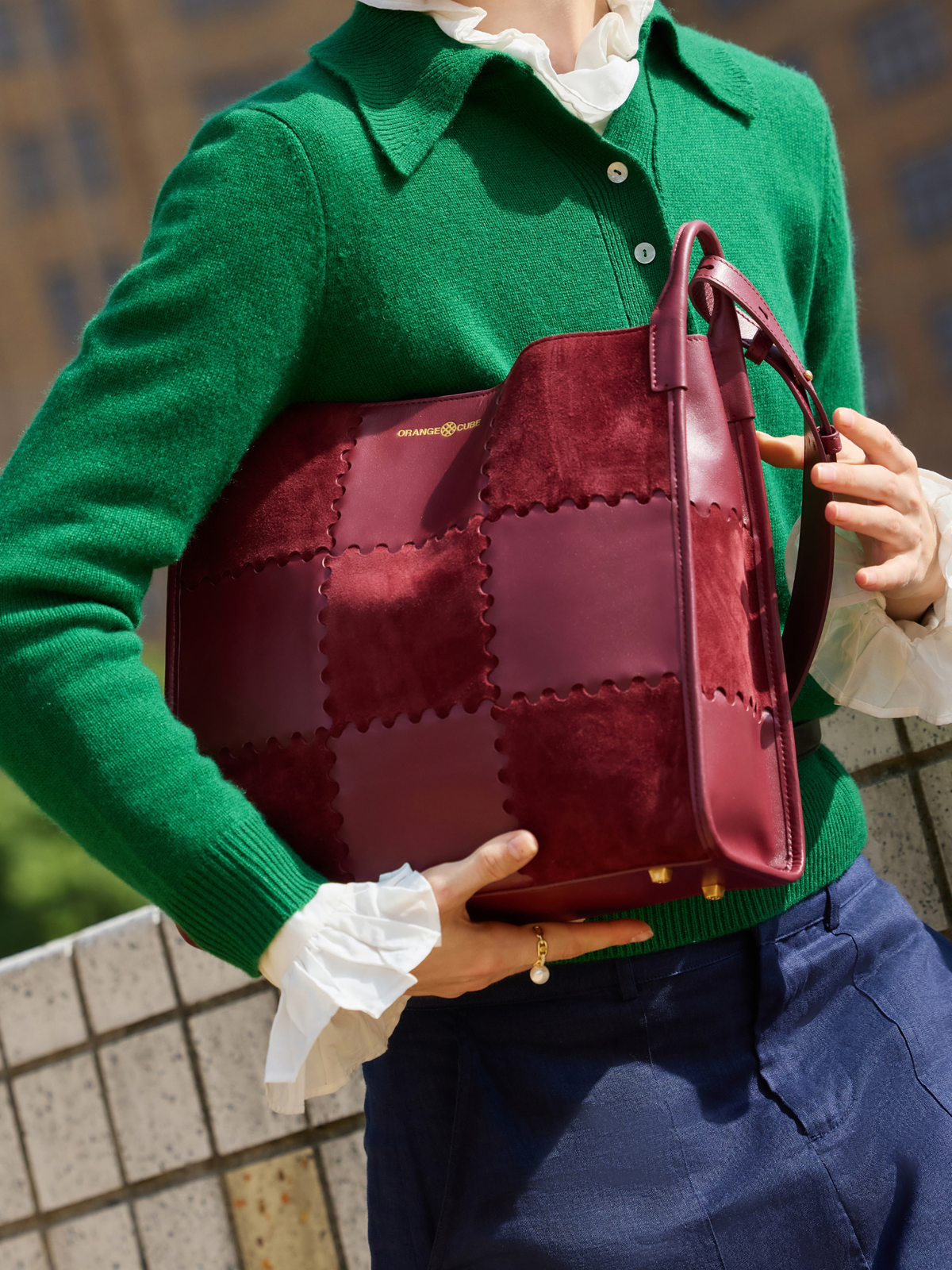 Square Stitch Tote Bag (Large) - Dark Red